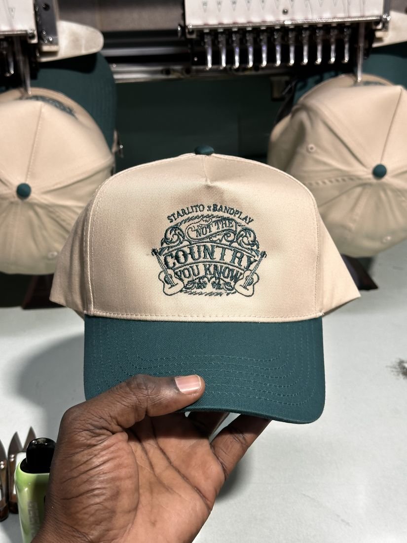Freshly embroidered two-tone hat
