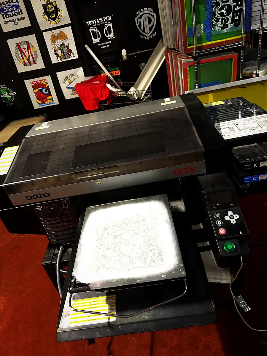 Shirt loaded on the DTG platen, ready to print